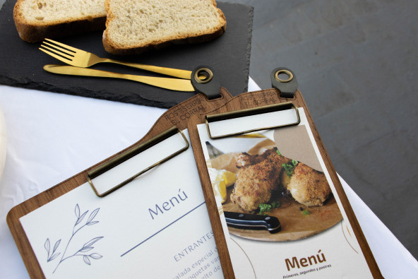 ERGO - Waiter's Notepad Holder Wooden menu holders Wooden waiter’s order holder with a metal clip and textile detail for hang...