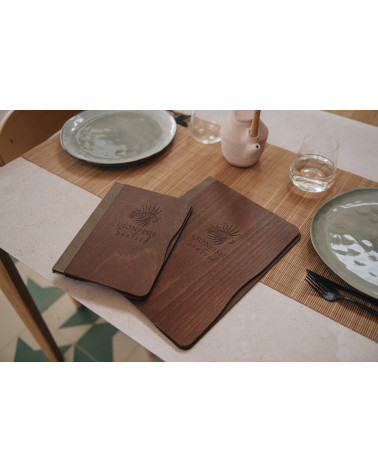 ELAN - A4 and A5 Letter Wooden menu boards Elegant and understated wooden letter bound with screws or elastic band with slots...