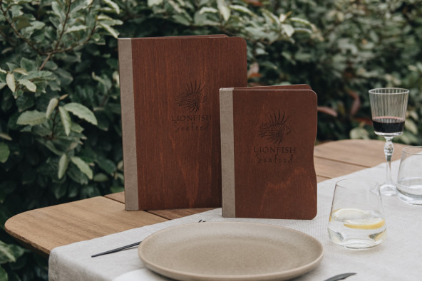 ELAN - A4 and A5 Letter Wooden menu boards Elegant and understated wooden letter bound with screws or elastic band with slots...