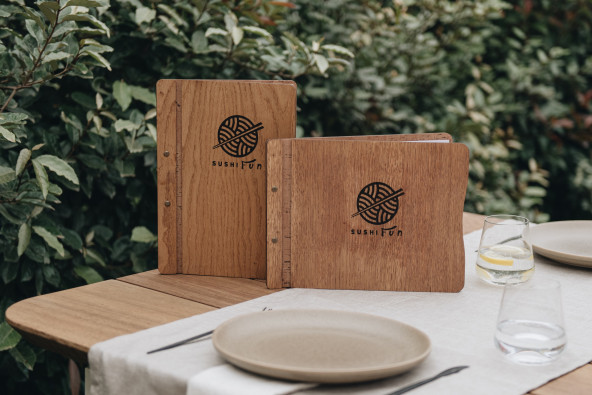 CLASSIC - A4 horizontal letter Wooden menu boards The classic letter evolved with textile upholstery on the inner sides, boun...