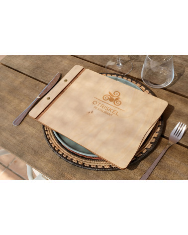 CLASSIC - A4 horizontal letter Wooden menu boards The classic letter evolved with textile upholstery on the inner sides, boun...