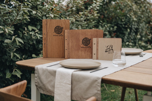 CLASSIC - A4 horizontal letter Wooden menu boards The classic letter evolved with textile upholstery on the inner sides, boun...